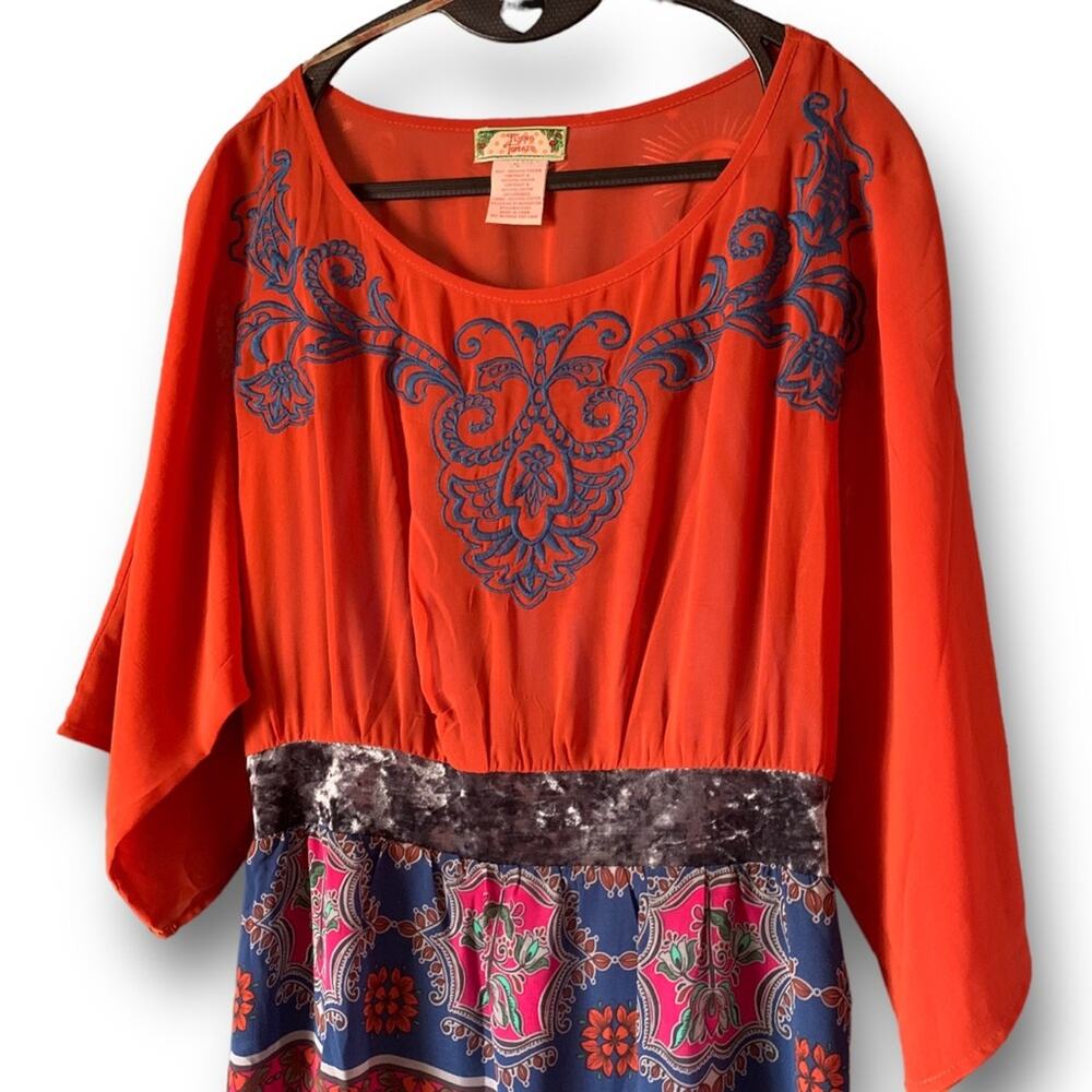 Sheer Chiffon Velvet Waist  Large Kimono Dress  Royal Blue Burnt Orange - Picture 4 of 12